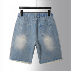 Plus Size Men's Elastic Waist Drawstring Denim Shorts,Torn Jeans,Knee Jeans