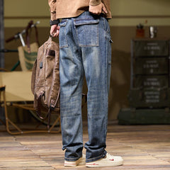 Plus Size Men's Vintage Blue Wide-legged Jeans,Workwear Pants