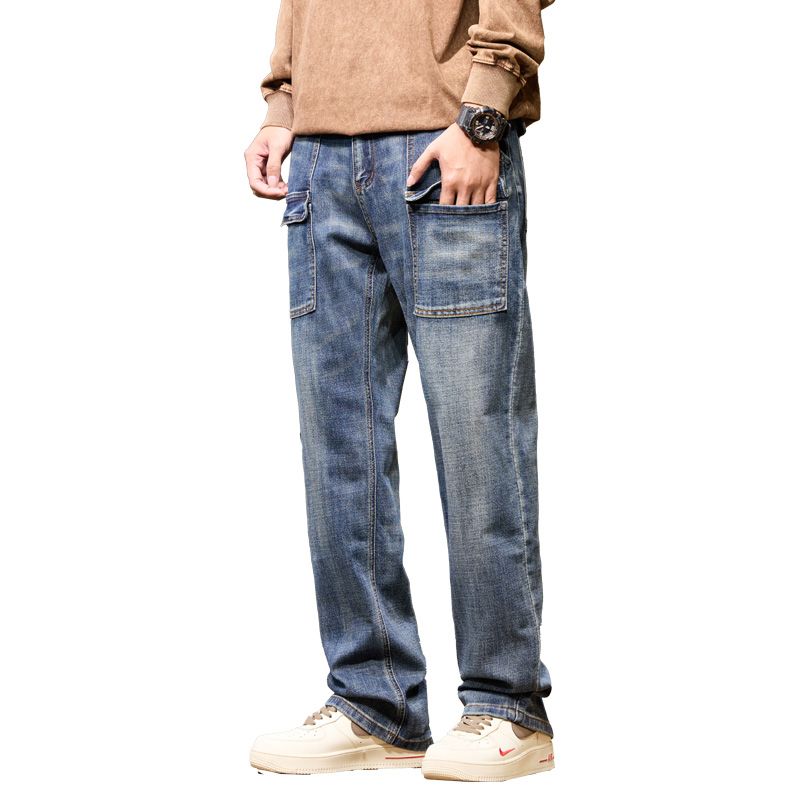Plus Size Men's Vintage Blue Wide-legged Jeans,Workwear Pants