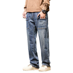 Plus Size Men's Vintage Blue Wide-legged Jeans,Workwear Pants