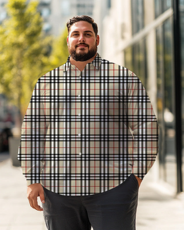 Men's Beige Plaid Plus Size Long Sleeve Shirt  ,  Button Down Shirt