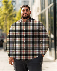 Men's Beige Plaid Plus Size Long Sleeve Shirt  ,  Button Down Shirt
