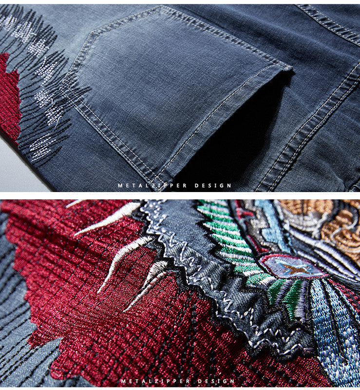 Plus Size Men's Indians Pattern Embroideryed Knee Jeans