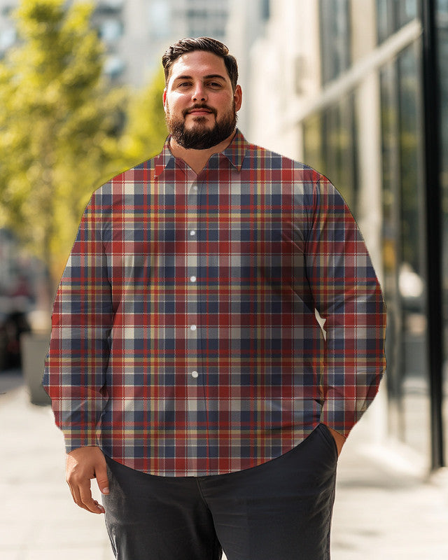 Men's light red navy Plaid Plus Size Long Sleeve Shirt  ,  Button Down Shirt