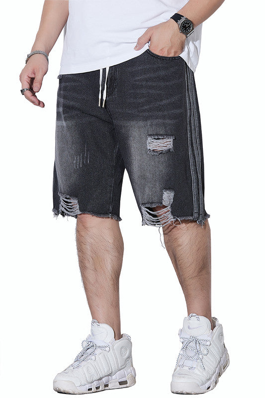 Short en jean à taille élastique et cordon de serrage pour homme, jeans déchirés, jeans au genou, grande taille 
