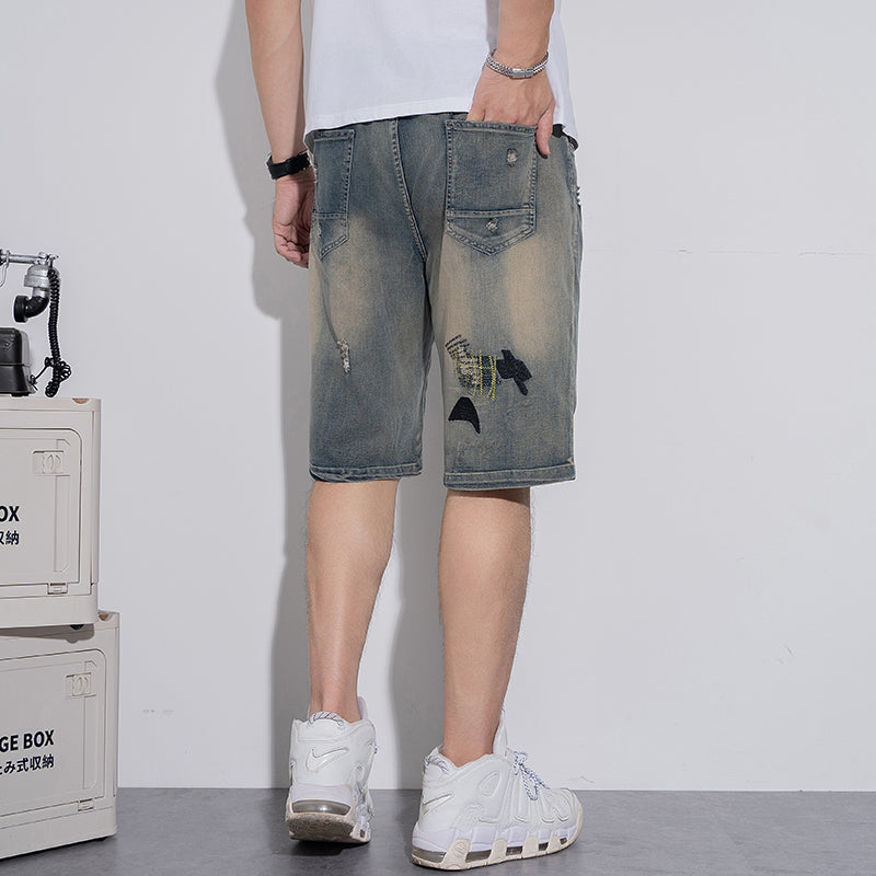 Short en jean à taille élastique avec cordon de serrage pour homme grande taille, jean tendance déchiré et brodé au genou 