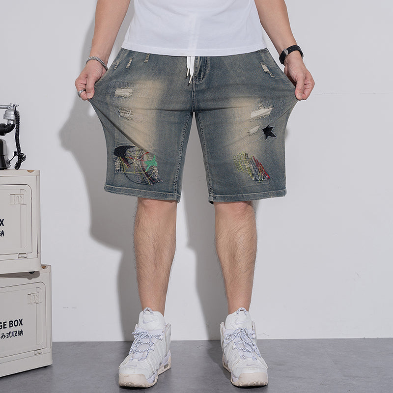 Short en jean à taille élastique avec cordon de serrage pour homme grande taille, jean tendance déchiré et brodé au genou 