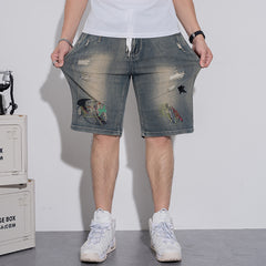 Short en jean à taille élastique avec cordon de serrage pour homme grande taille, jean tendance déchiré et brodé au genou 