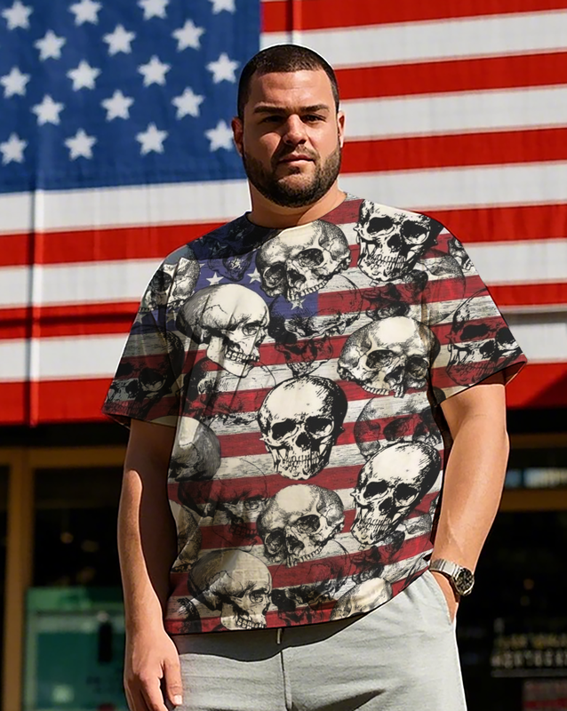 American Flag & Skull Men's Plus Size Short Sleeve T-Shirt