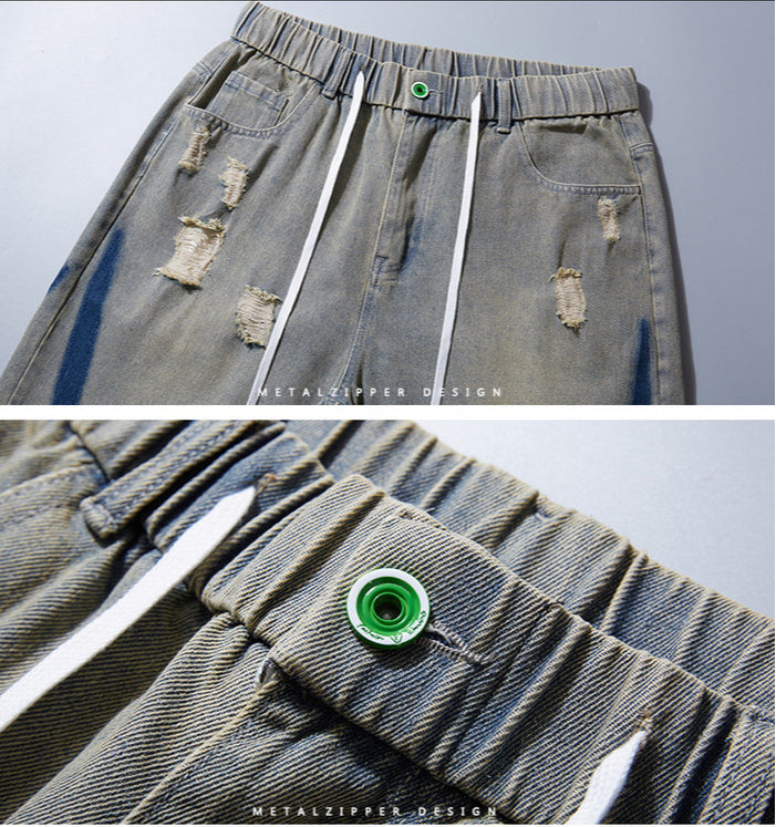 Plus Size Men's Elastic Waist Drawstring Denim Shorts, Unique Clashing Jeans,Torn Jeans