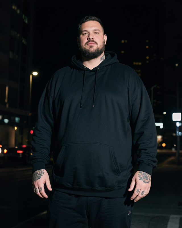 Solid Black Men's Cotton Big & Tall Hoodie
